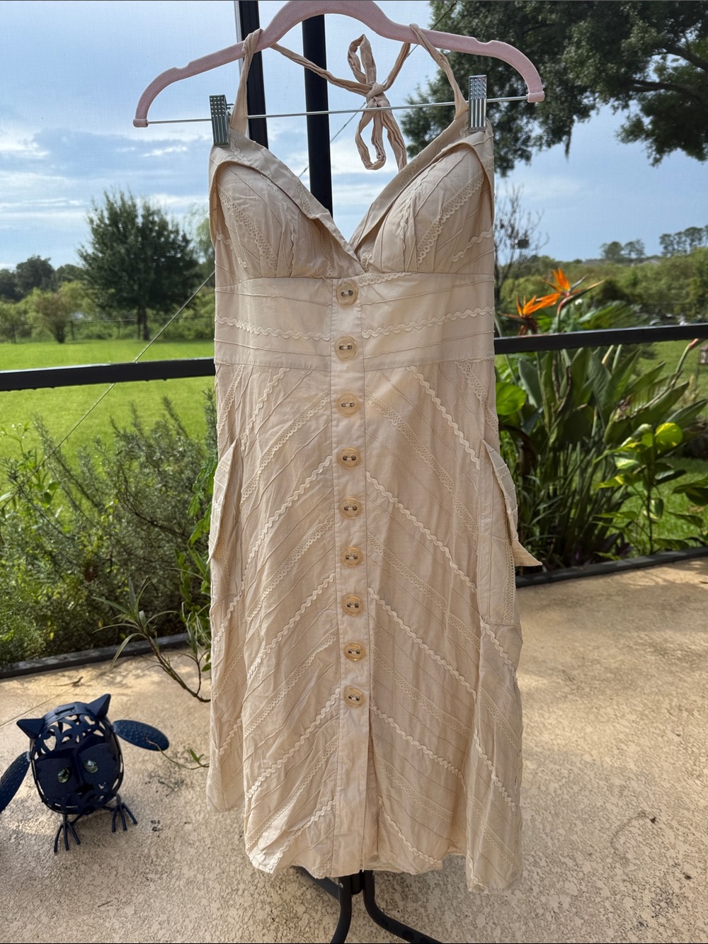 Cotton Cream Halter Midi Dress with Button-Front Detail